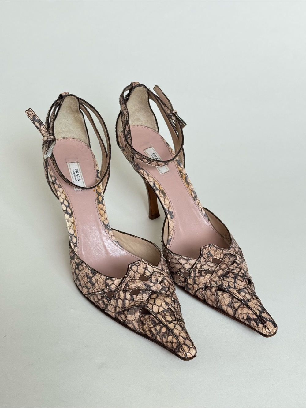 Vintage Prada Extended Point Toe Ankle-Strap Heels in Real Exotic Python - Italy